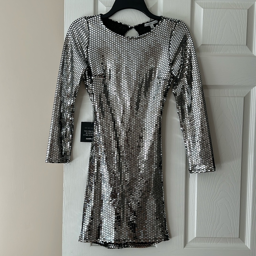 Charlotte Russe Mirrored Silver Scaled Long-Sleeve Open Back Body-Con Dress
